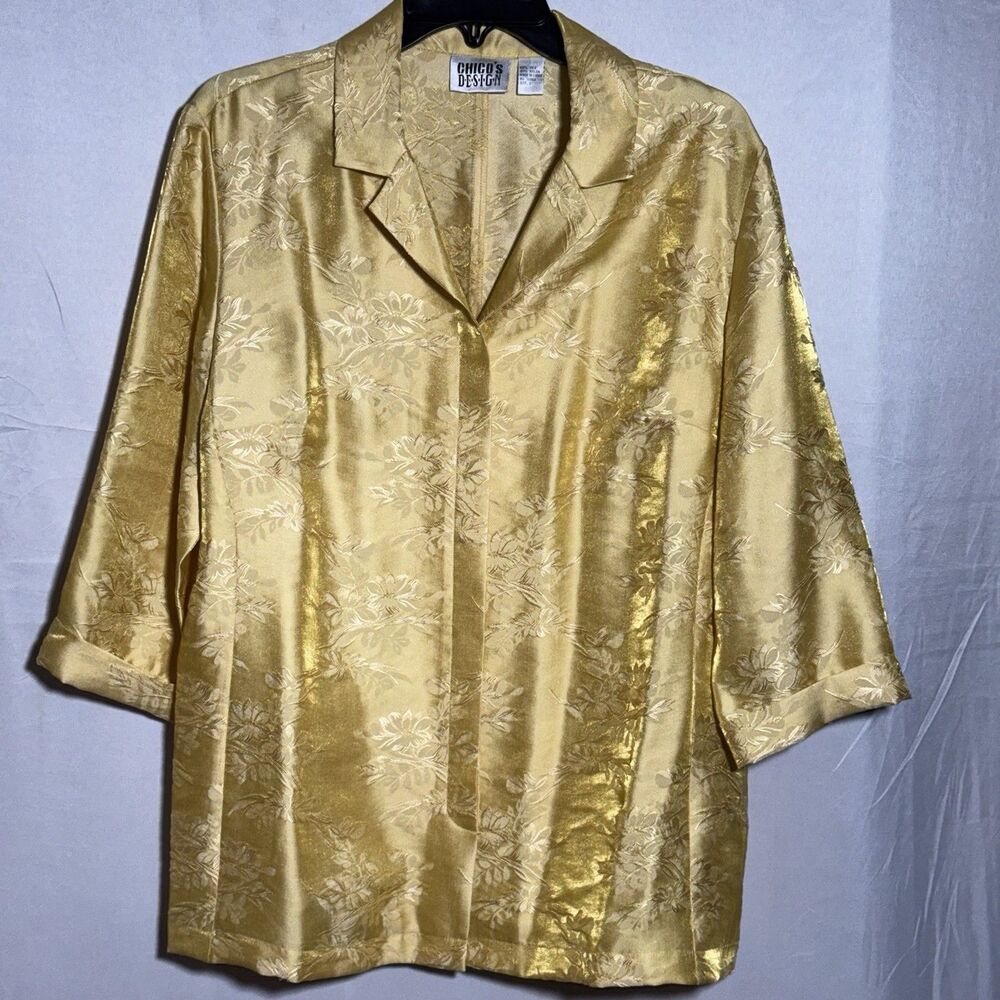 Chico’s Design Gold Silk Blend Floral Jacquard Blouse Size 2 Button Front Career